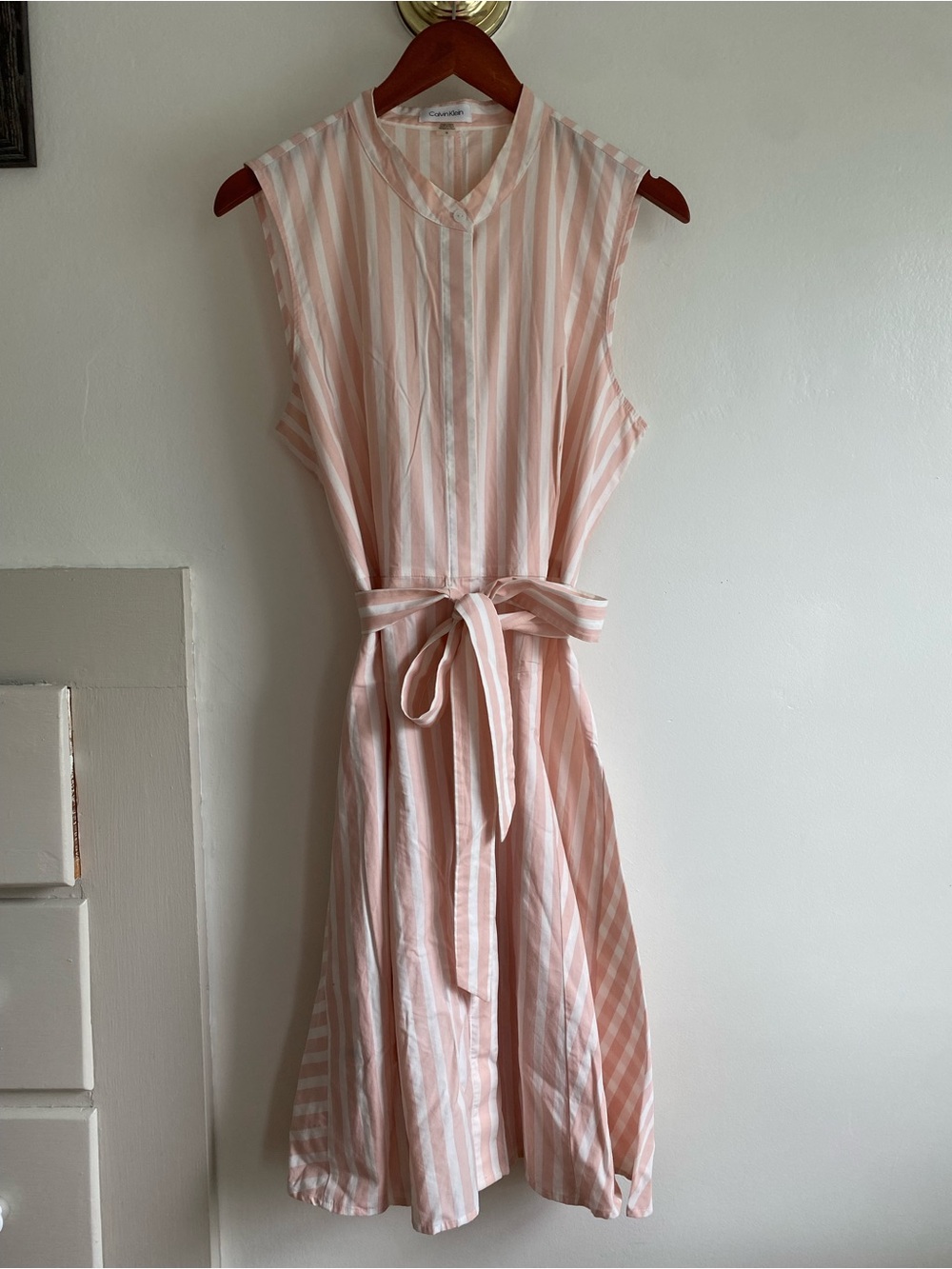 Calvin Klein Sleeveless Pink Stripe Belted Shirt Dress